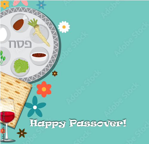 Passover dinner , seder pesach. background with passover plate and traditional food