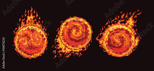 Set of hot fire balls in flame on a black background. Vector illustration.