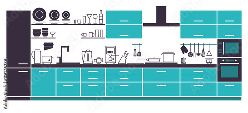 Vector Illustration of Modern Kitchen Cabinets and Household Equipment in Line Style for Your Design, Banner or Flyer.