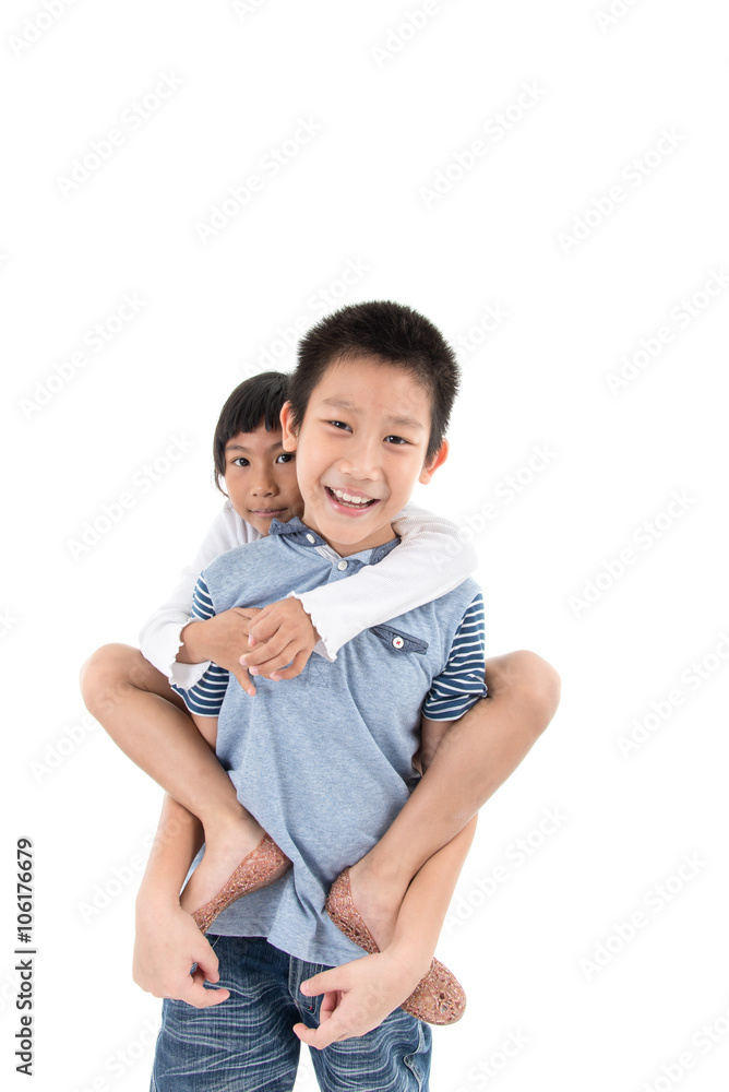 pretty girl enjoying riding on boy isolated on white pretty girl enjoying riding on boy isolated on white