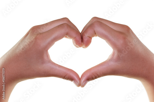 Female hands in the form of heart isolated on white background