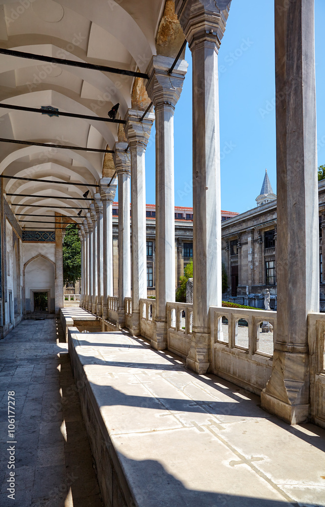 The view of portico roofed colonnaded terrace of The Tiled Kiosk