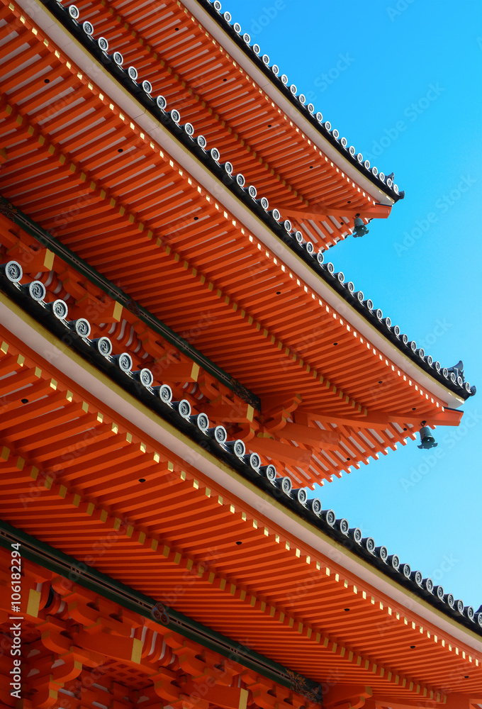 Eves and roof tile ends on the famous three-story pagoda at Kizomizu-dera in Kyoto Eves and roof tile ends on the famous three-story pagoda at Kizomizu-dera in Kyoto