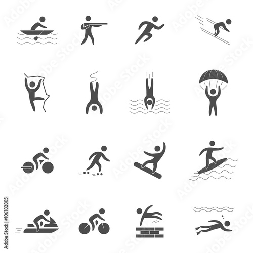 Black icons for extreme sports. Vector character set for action sports. Figures athletes of adventurous sports. Black symbol for extreme sports.