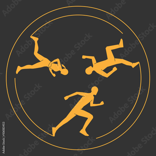 Gold modern logo running club. Vector symbol of a run. Modern runners silhouettes on a black background.