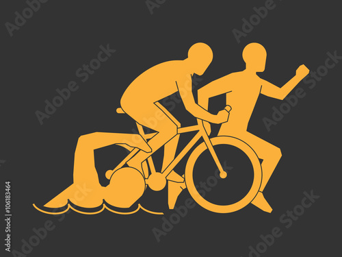 Gold symbol triathlon. Vector modern logo triathlon club. Modern triathlete silhouettes on a black background.