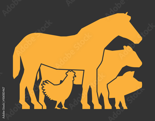 Gold farm animals on a black background. Vector logo for farmers market. Farm animals symbol. Gold silhouette horse, pig, cow and chicken.