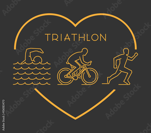 Modern outline triathlon symbol. Vector figures triathlete. Gold line triathlon logo. Love triathlon symbol. Vector icons triathlon. photo