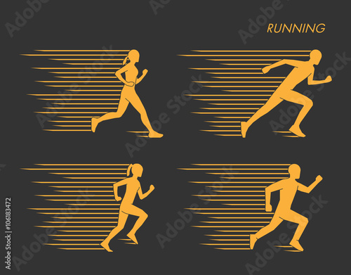 Modern vector symbol for run. Gold set of silhouettes of runners. Vector figure runners. Stylish logo for running on black background.