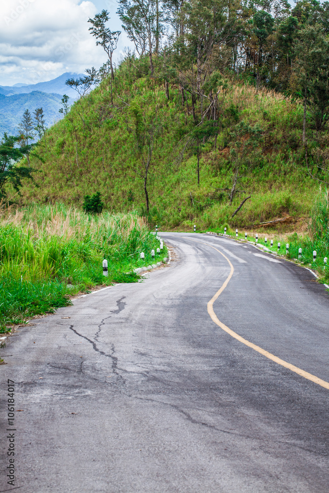 curve road, curve road to forest with pine and mountain view, Thailand curve road, curve road to forest with pine and mountain view, Thailand