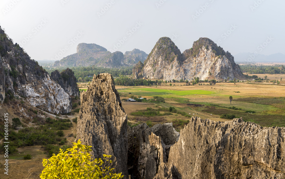 young man walk down pier of Ben Tre over looking straw thatched house, surrounded by greenery