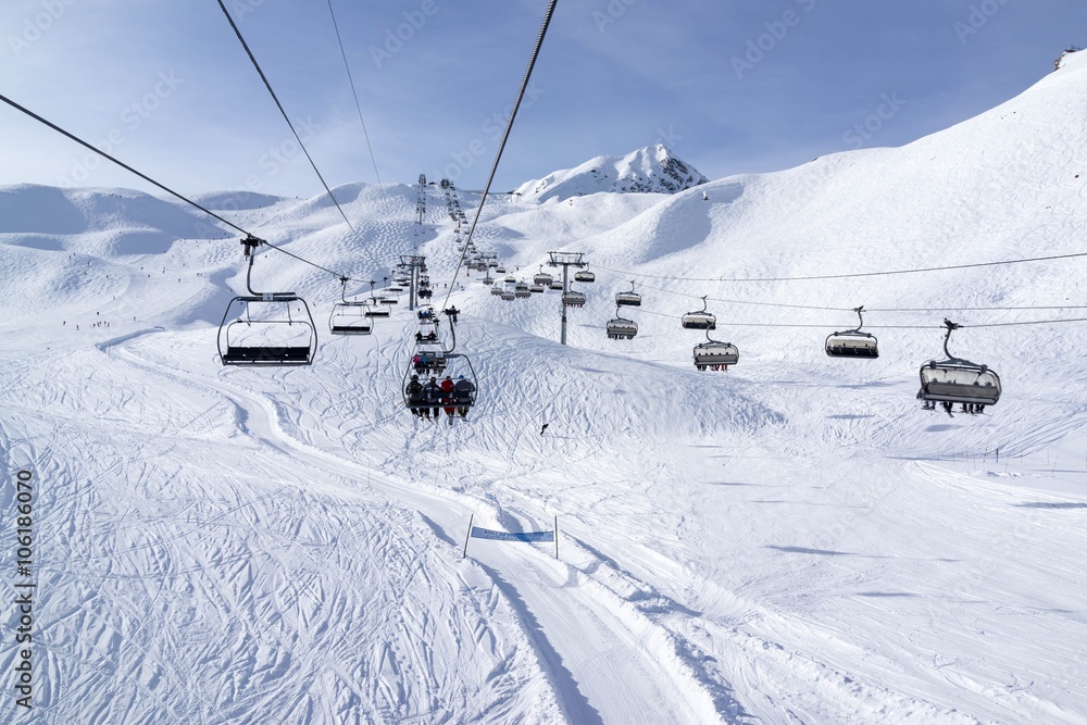 View from the chair lift, ski resort of Paradiski, France View from the chair lift, ski resort of Paradiski, France