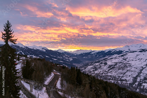 Sunset, view from the chair lift. Ski resort of Paradiski, France