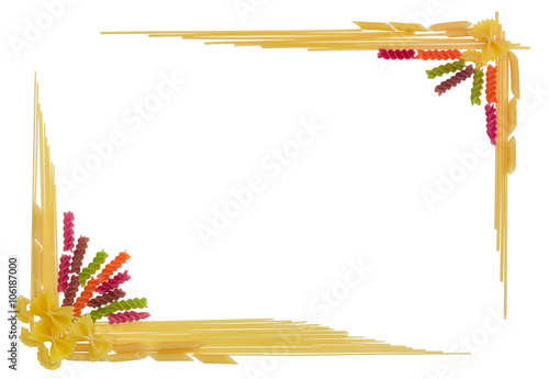 Frame made of different uncooked pasta on a light background photo
