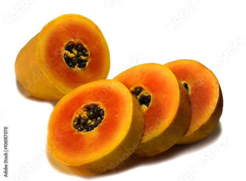 Fresh sliced papaya on white background