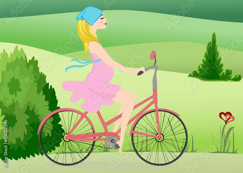 A pregnant young woman rides a Bicycle across the field. Vector illustration. Horizontal.