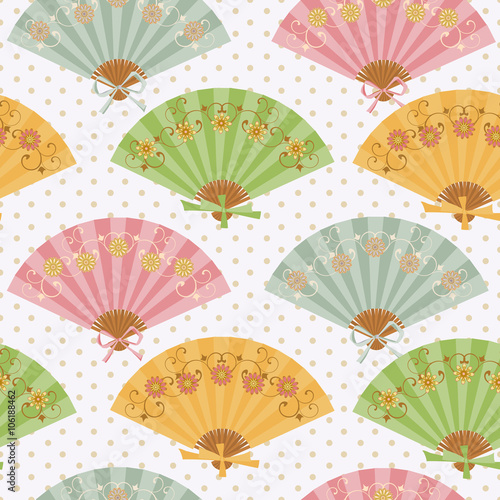 Multi-colored fan with flower pattern in Oriental style.