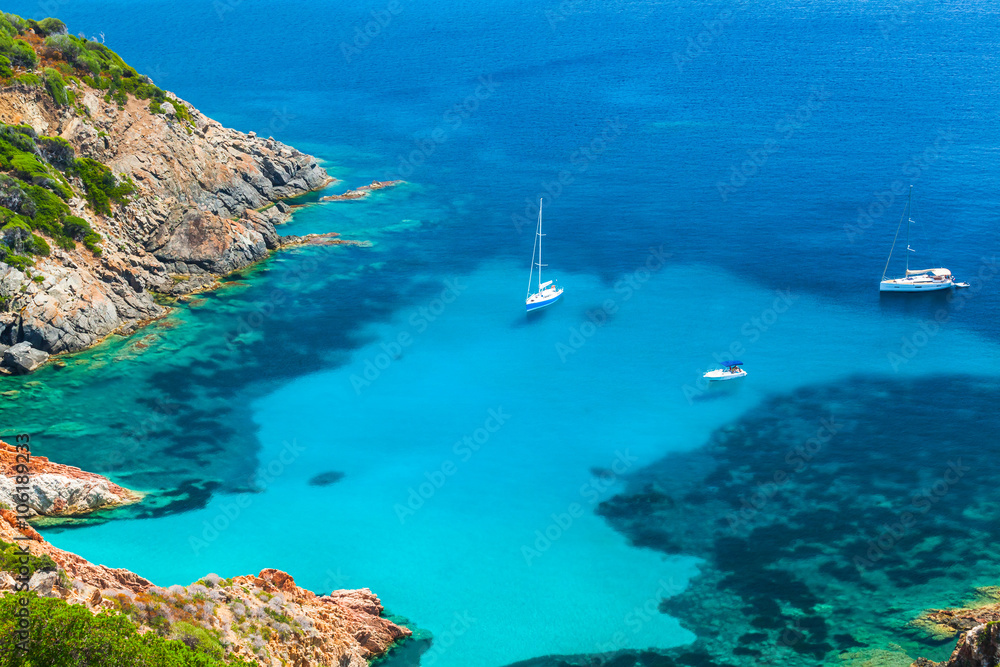 Corsica, Coastal summer landscape with yachts