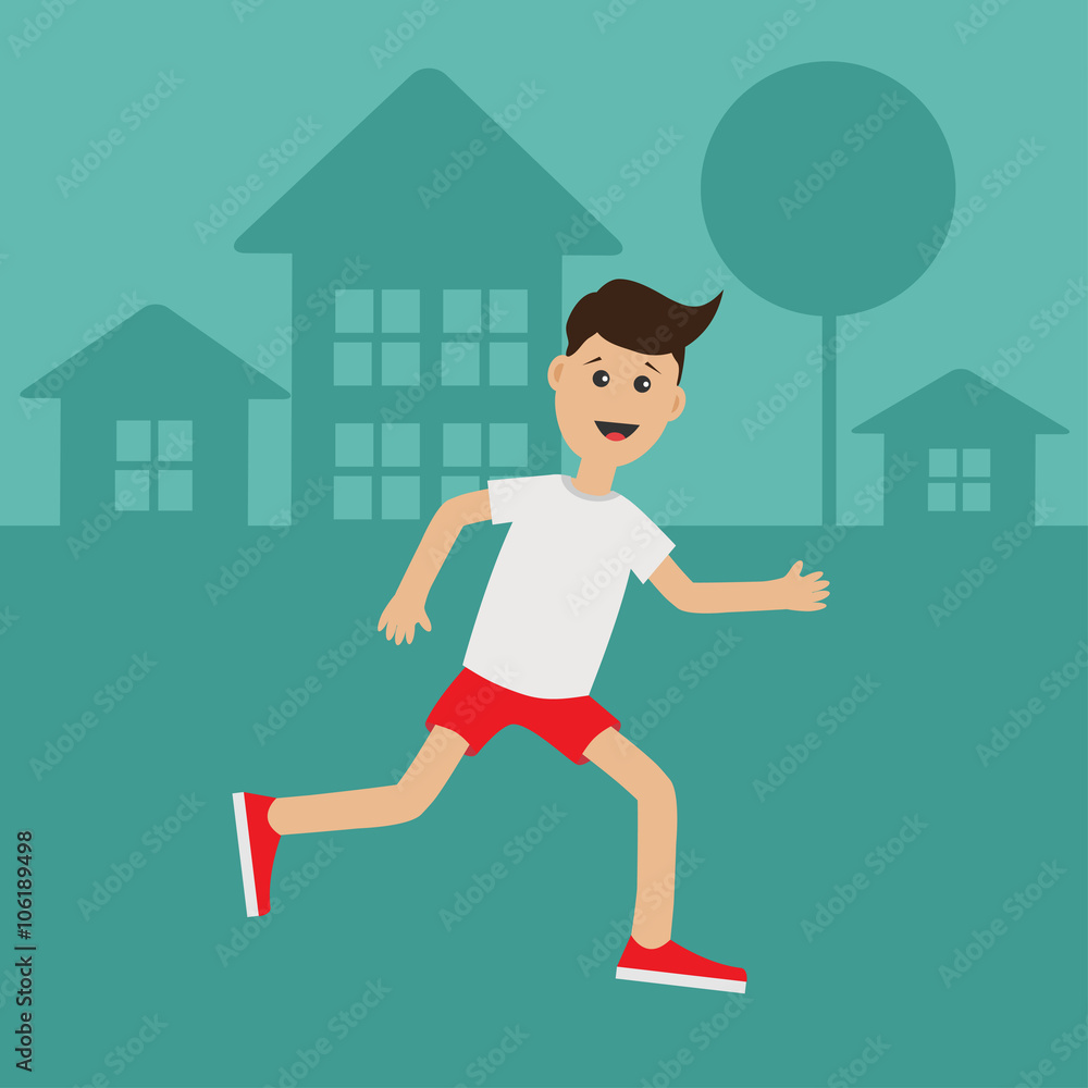 Cartoon running guy. Night summer time. House, tree silhouette. Cute run  boy Jogging man Runner outside Fitness cardio workout Running male  character Flat design Stock Vector | Adobe Stock