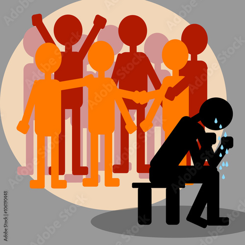 A person depressed among happy people