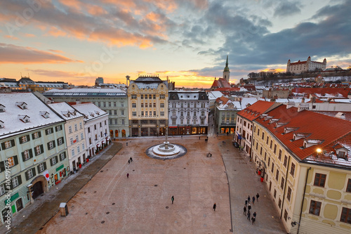 View of the main square and the old town from the tower of the city hall, Bratislava, Slovakia.