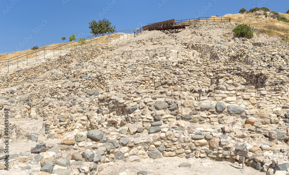 Panorama of Choirokoitia (Khirokitia) Neolithic Settlement of 7-4-th millennium B.C. with age indicatind tables. World Heritage Site by UNESCO. Cyprus.

