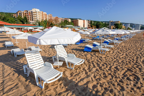 Hotel facade balconies with pool in Golden Beach, Bulgary
