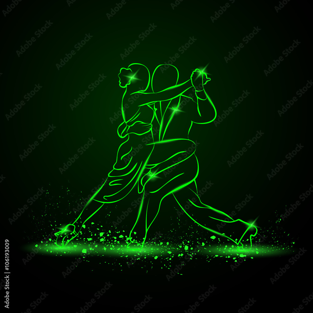 Couple dancing tango. Vector green neon illustration.