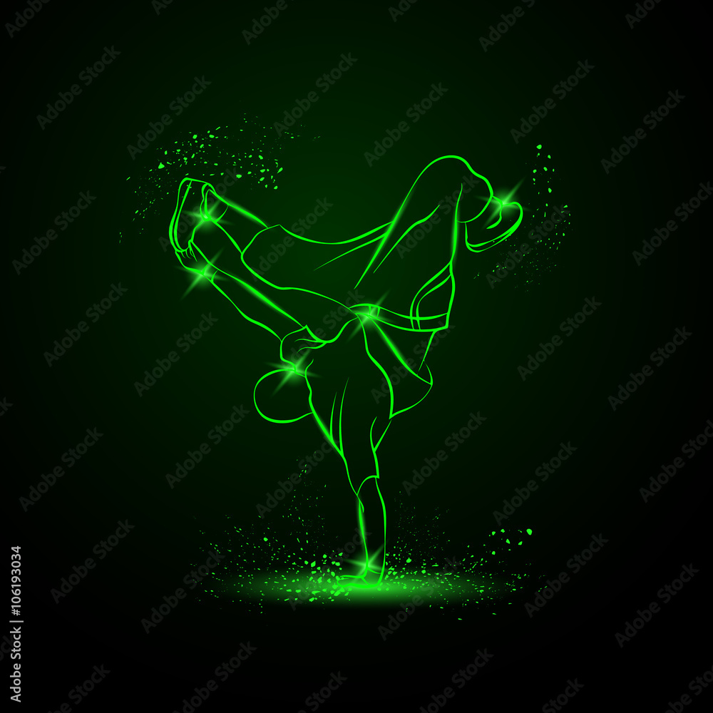 Breakdancer dancing and making a frieze on one hand. Vector neon illustration.