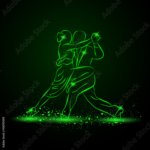 Couple dancing tango. Vector green neon illustration.
