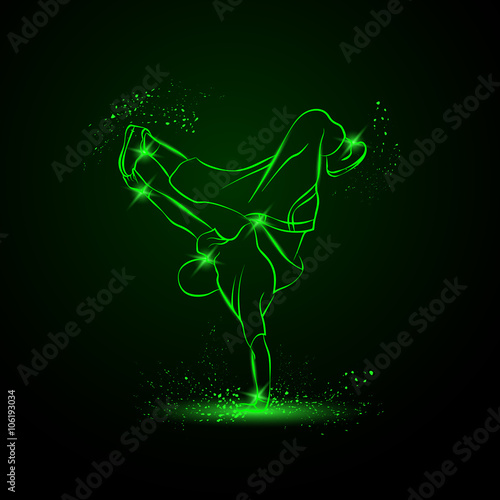 Breakdancer dancing and making a frieze on one hand. Vector neon illustration.