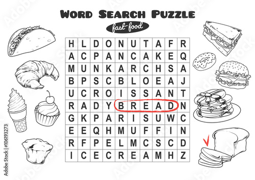 Word search puzzle with fast-food.