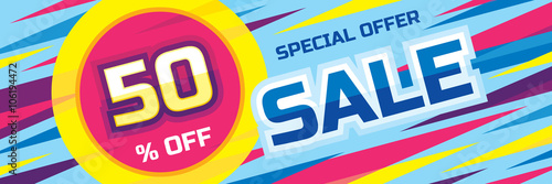 Sale abstract vector origami horizontal banner - special offer 50% off. Sale vector banner. Sale abstract background. Super big sale design layout. Sale banner template.