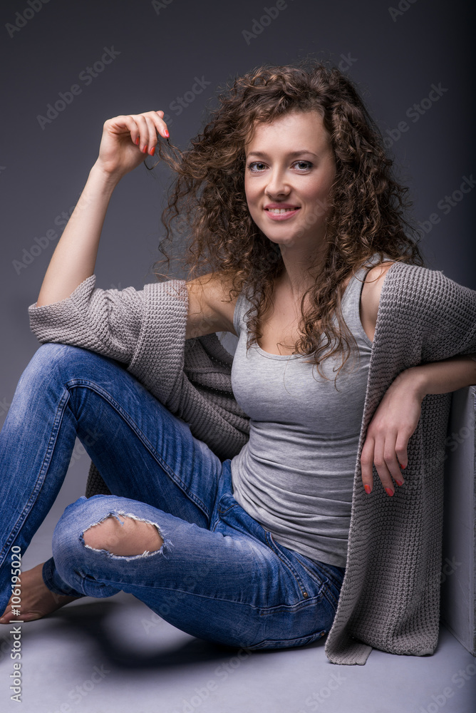 girl, smiling, gray background girl, smiling, gray background
