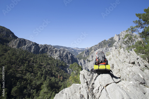 Backpack standing on top of a mountain.