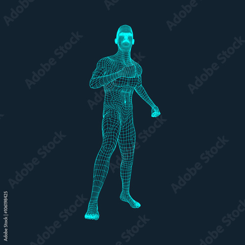 3D Model of Man. Polygonal Design. Geometric Design. Business, Science and Technology Vector Illustration. 3d Polygonal Covering Skin. Human Polygon Body. Human Body Wire Model.