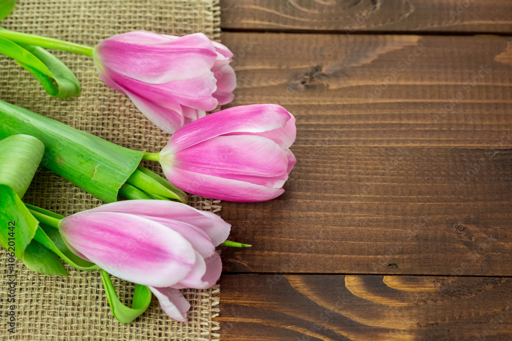 beautiful pink tulips lying on the burlap on the background of old brown boards. The idea of Mother's day cards, March 8, birthday with free space for your text beautiful pink tulips lying on the burlap on the background of old brown boards. The idea of Mother's day cards, March 8, birthday with free space for your text