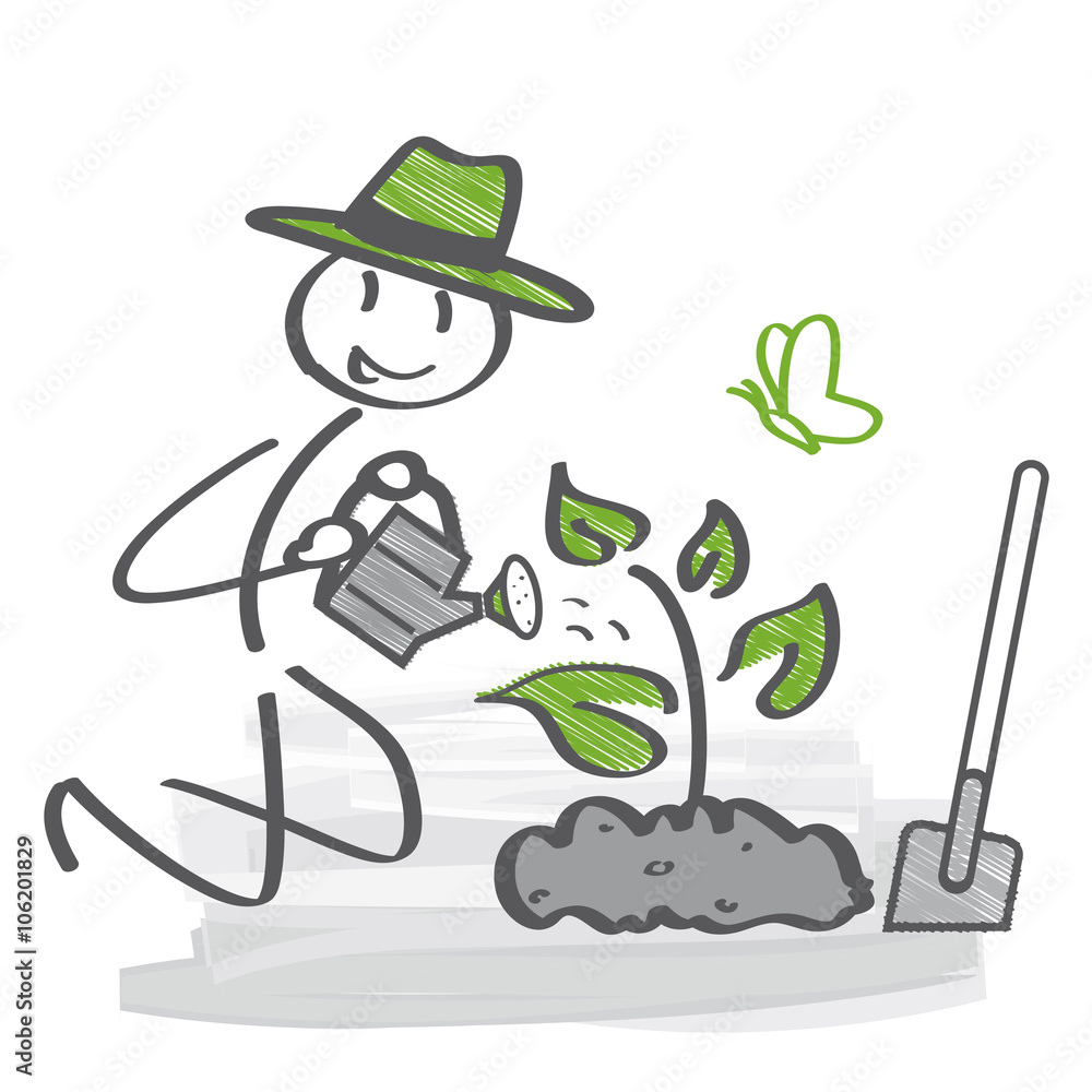 Planzzeit Gärtner gießt neu gepfanzte Blume