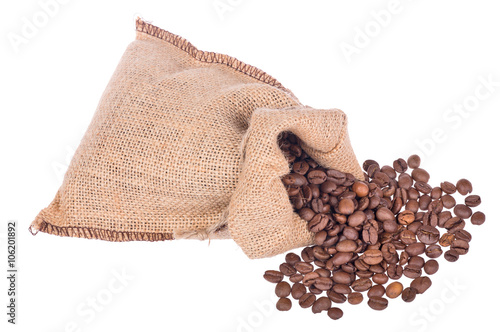 coffee brown beans in burlap sack on white