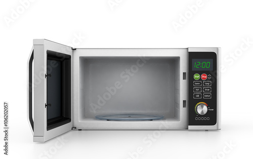 Open microwave oven isolated on a white background.
