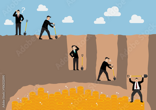 Step of businessman digging a ground to find treasure