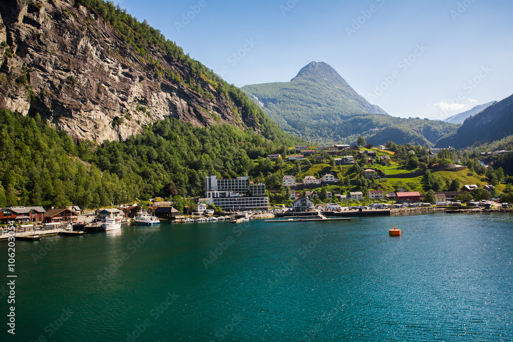 Geiranger fjord and the city of Geiranger . Norway