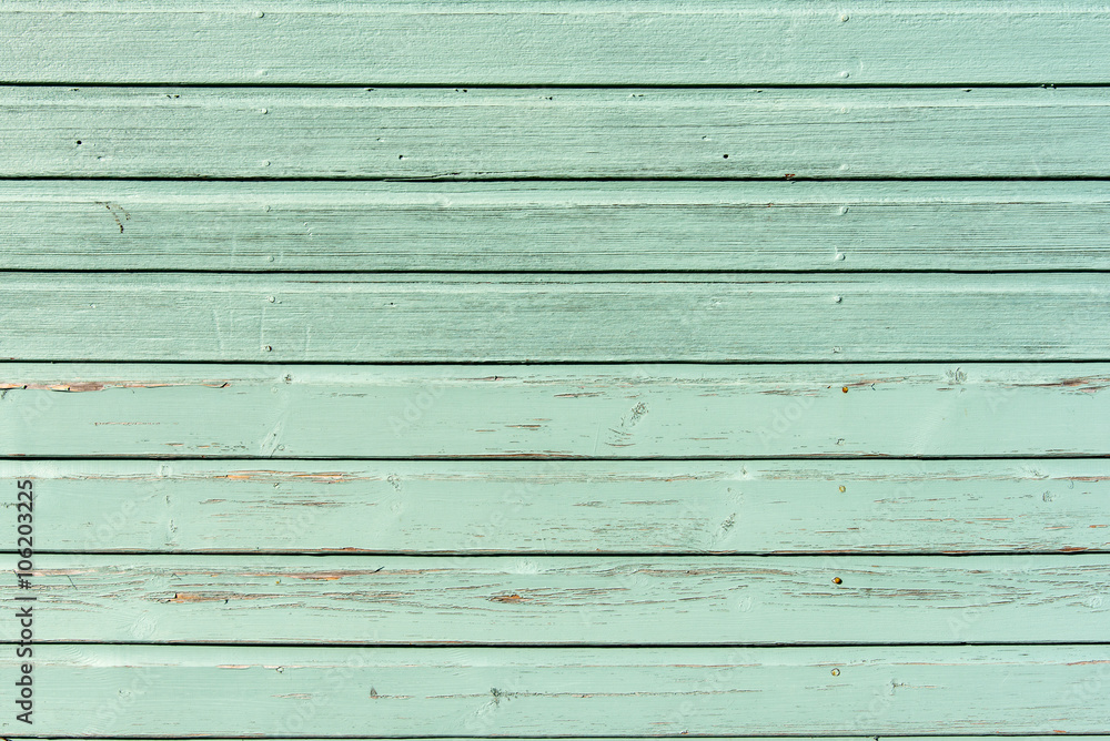 Obraz premium Section of pale green wood panelling from a seaside beach hut. Could be used as a background to illustrate beach and summer holiday themes. Also garden themes. 