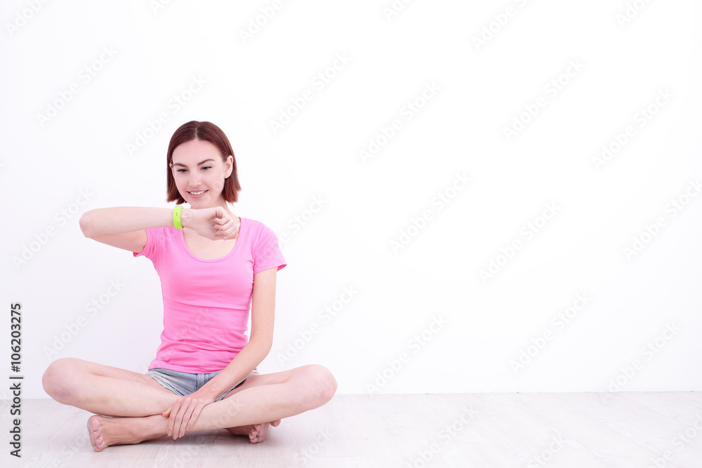 smile woman look smart watch