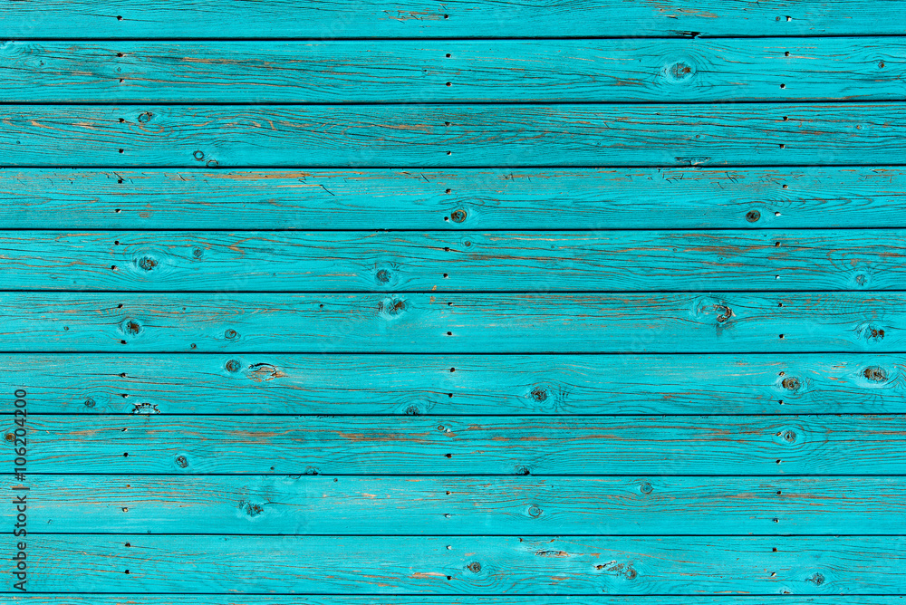 Section of textured turquoise wood panelling from a seaside beach hut. Could be used as a background to illustrate beach and summer holiday themes.
 - obrazy, fototapety, plakaty 