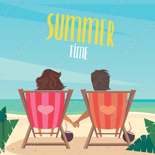Couple sitting on the deck chairs at the sea. View from the back - Love or vacation concept