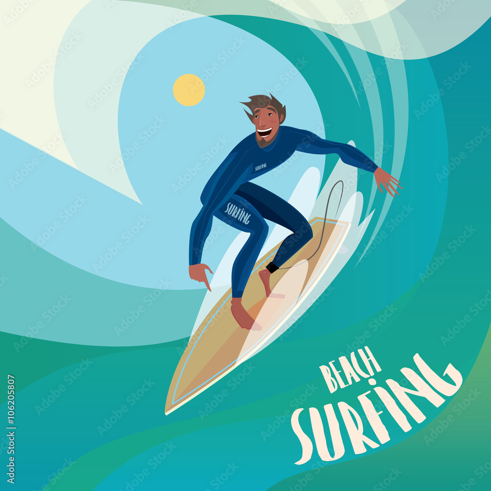 Happy man in blue dive skin on a surfboard to ride the wave - Sport or surfing concept