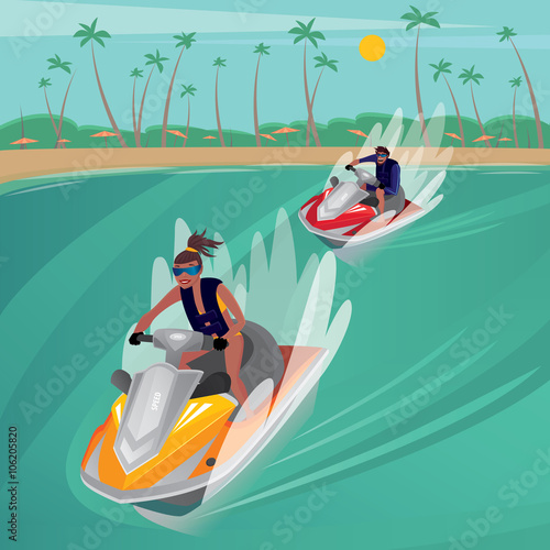 Man on red water scooter overtakes slim girl on yellow water scooter - Recreation or sport concept