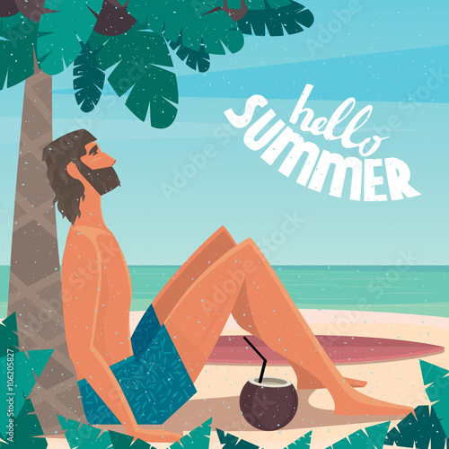 Man sitting on a beach under a palm tree by the sea leaned back on a palm tree - Vacation or holidays concept