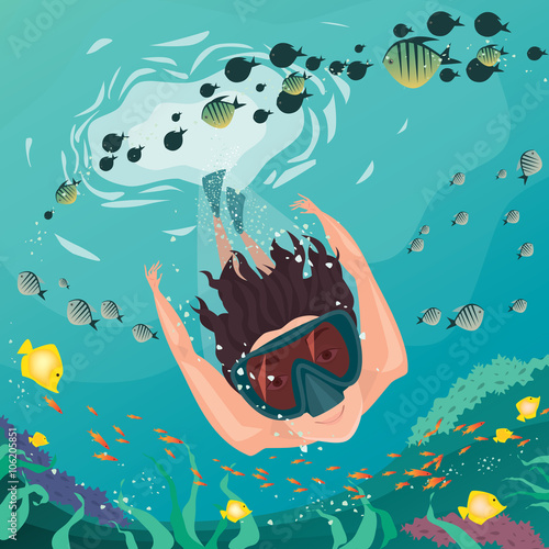 Happy man swimming underwater and around the coral reef, a lot of different fish and seaweed - Diving or snorkeling concept